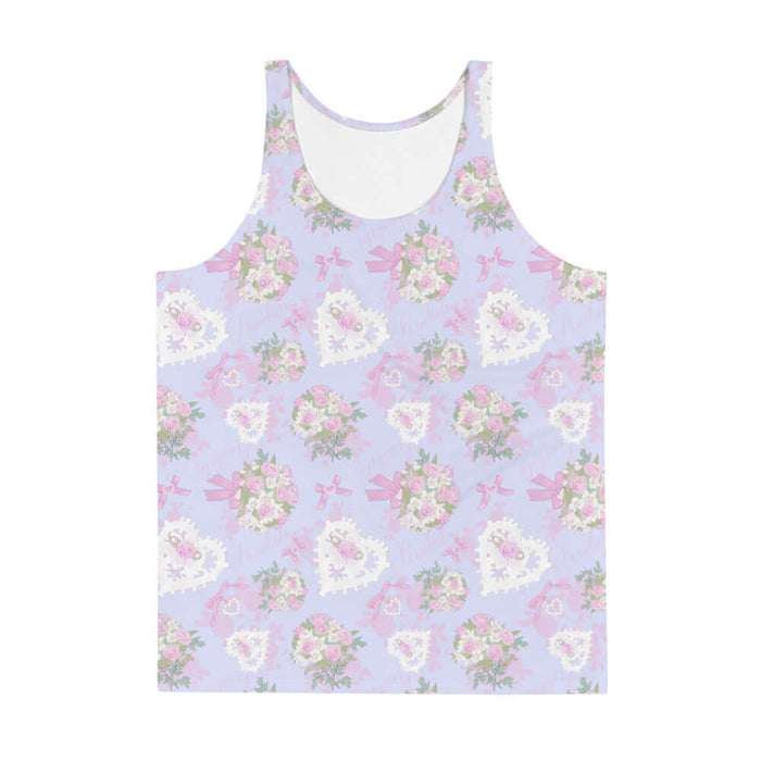 Anniversary kawaii men's tank top in blush and periwinkle with baby's breath and damask roses