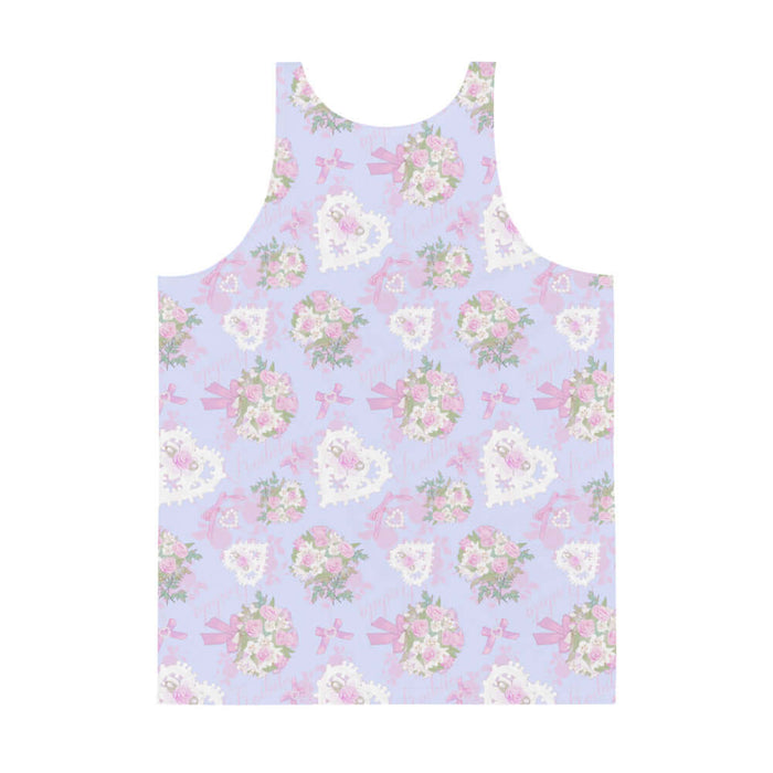 Anniversary kawaii men's tank top in periwinkle with damask roses and lace heart lockets