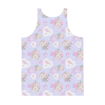 Anniversary kawaii men's tank top in periwinkle with damask roses and lace heart lockets