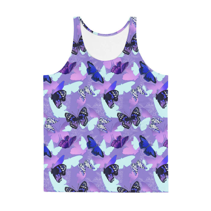 Butterfly kawaii men's tank top with cobalt morphos and violet wings