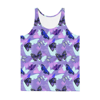 Butterfly kawaii men's tank top with cobalt morphos and violet wings