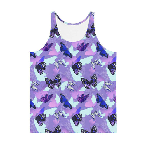 Butterfly kawaii men's tank top with cobalt morphos and violet wings