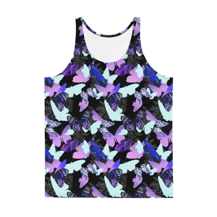 Butterfly kawaii men's tank top with electric-blue wings and crimson butterflies