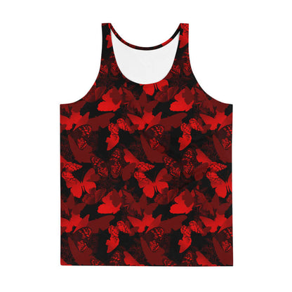 Butterfly kawaii men's tank top in crimson with layered butterfly silhouettes and cobalt wings