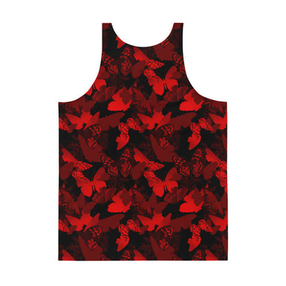Butterfly kawaii men's tank top in crimson with scarlet butterflies and white-flecked wings