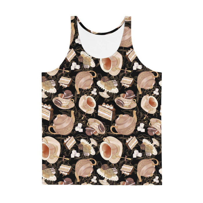 Latte kawaii Men's Café tank with heart-shaped teacups and tiramisu cake