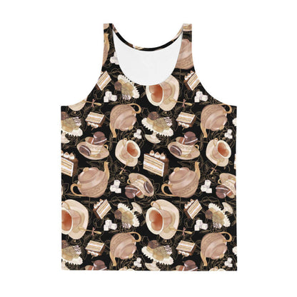 Latte kawaii Men's Café tank with heart-shaped teacups and tiramisu cake