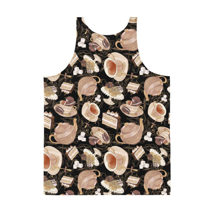 Latte kawaii Men's Café tank with heart-shaped teacups and chocolate macarons