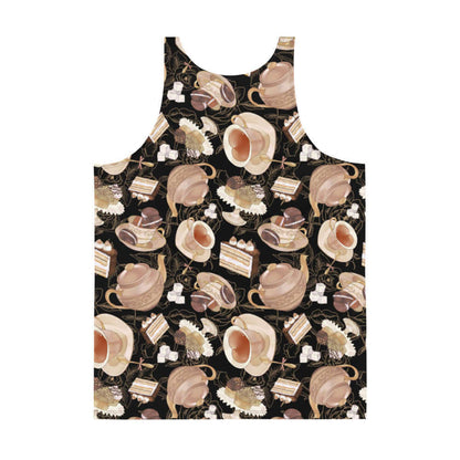 Latte kawaii Men's Café tank with heart-shaped teacups and chocolate macarons