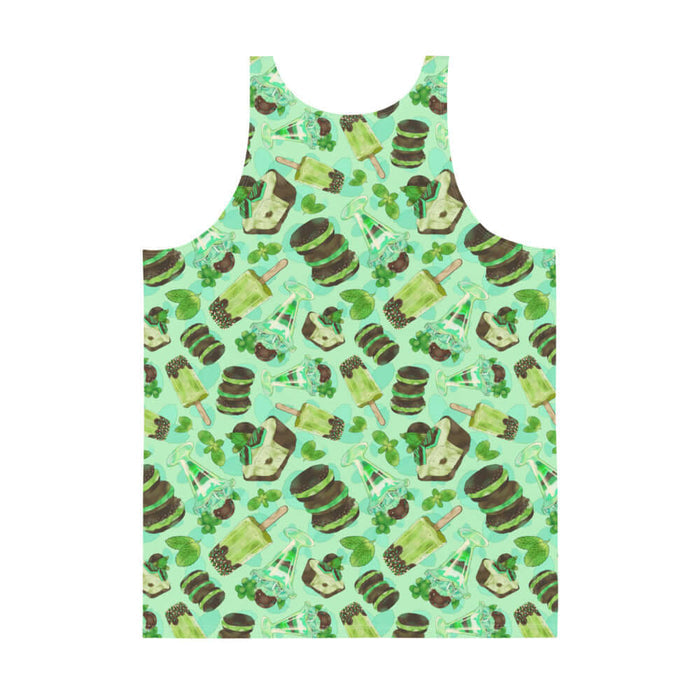 Choco Mint kawaii men's tank top in mint with layered mint parfaits and chocolate-dipped mint squares