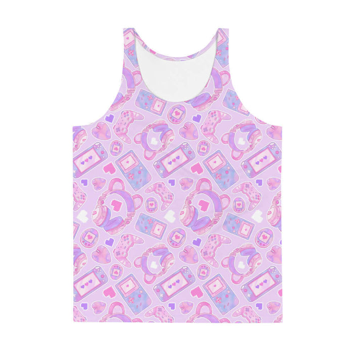 Gamer Girl kawaii men's tank top in pink with bear-ear headphones and pixel hearts