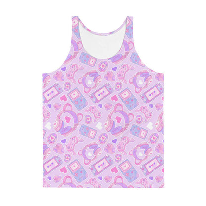 Gamer Girl kawaii men's tank top in pink with bear-ear headphones and pixel hearts