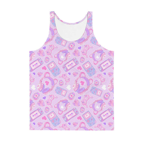 Gamer Girl kawaii men's tank top in pink with bear-ear headphones and pixel hearts