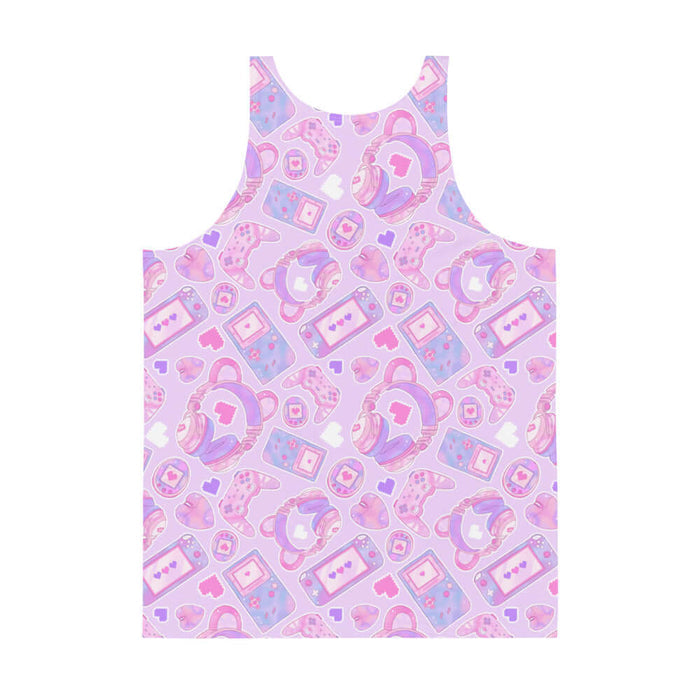 Gamer Girl kawaii men's tank top in pink with pastel controllers and Tamagotchi pets