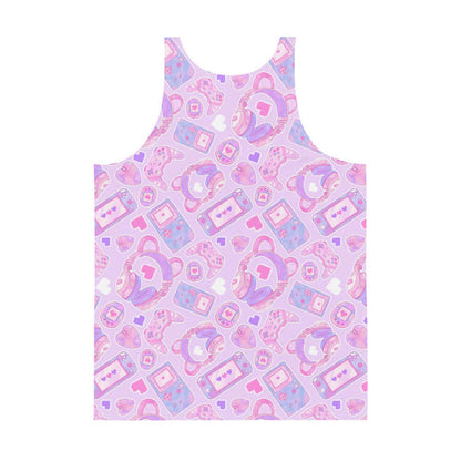 Gamer Girl kawaii men's tank top in pink with pastel controllers and Tamagotchi pets
