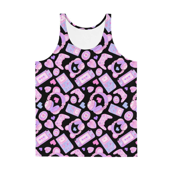 Gamer Girl kawaii men's tank top in pink with Game Boy handhelds and 8-bit hearts