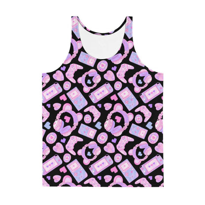 Gamer Girl kawaii men's tank top in pink with Game Boy handhelds and 8-bit hearts