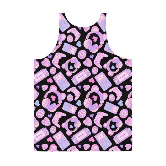 Gamer Girl kawaii men's tank top in pink with twin joysticks and pastel handhelds
