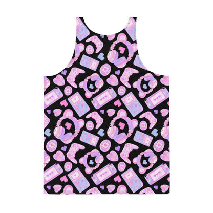 Gamer Girl kawaii men's tank top in pink with twin joysticks and pastel handhelds