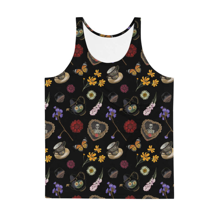 Gothic Tea Time men's tank top in black with white daisies and black teapots, alternative style