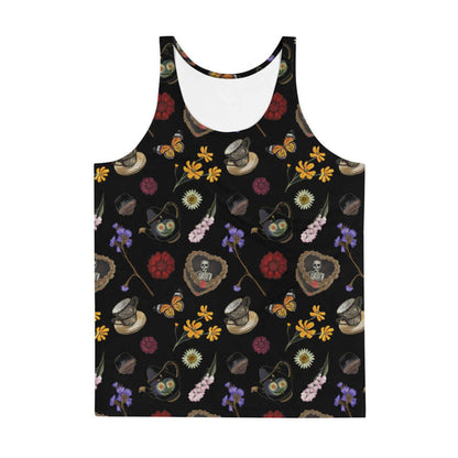 Gothic Tea Time men's tank top in black with white daisies and black teapots, alternative style