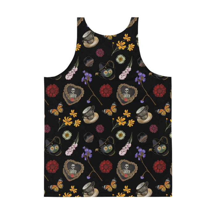 Gothic Tea Time men's tank top in black with red dahlias and stacked teacups, alternative style