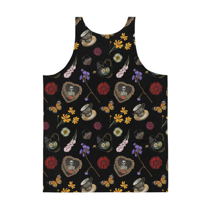 Gothic Tea Time men's tank top in black with red dahlias and stacked teacups, alternative style