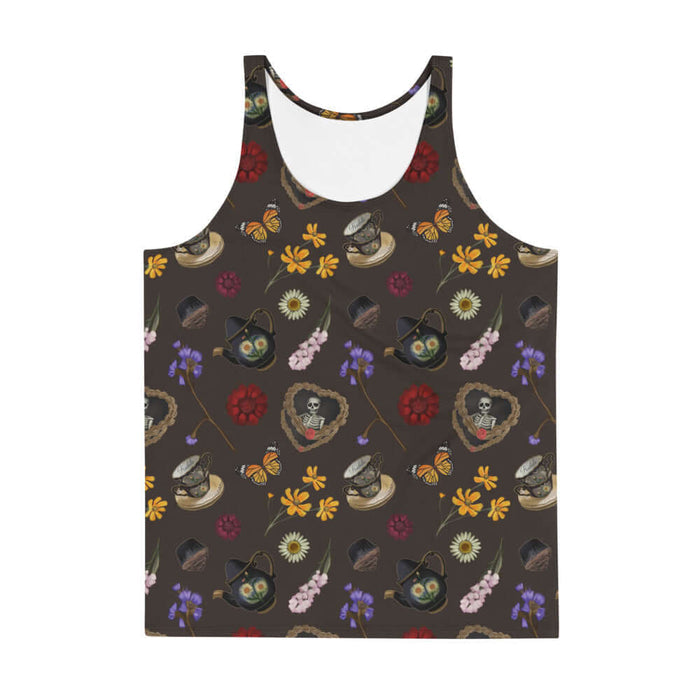 Gothic Tea Time men's tank top in black with a heart-wreathed skeleton and black teapots, pastel goth fashion