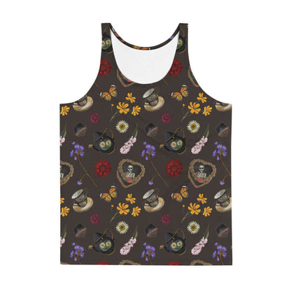 Gothic Tea Time men's tank top in black with a heart-wreathed skeleton and black teapots, pastel goth fashion