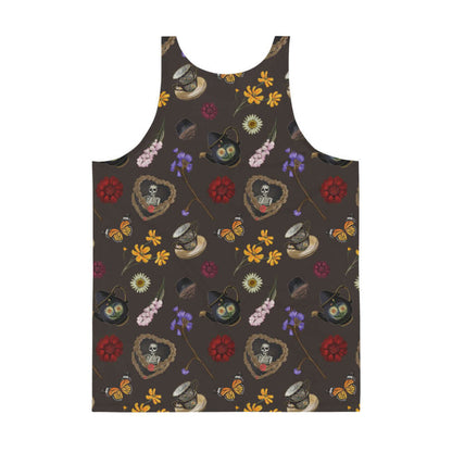 Gothic Tea Time men's tank top in black with stacked vintage teacups and monarch butterflies, pastel goth fashion