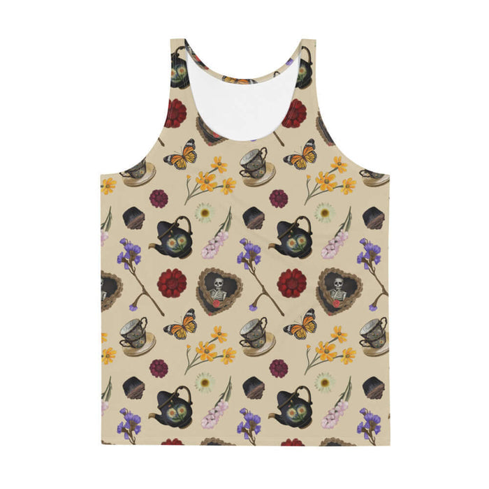 Gothic Tea Time men's tank top in black with purple irises and red dahlias, pastel goth fashion