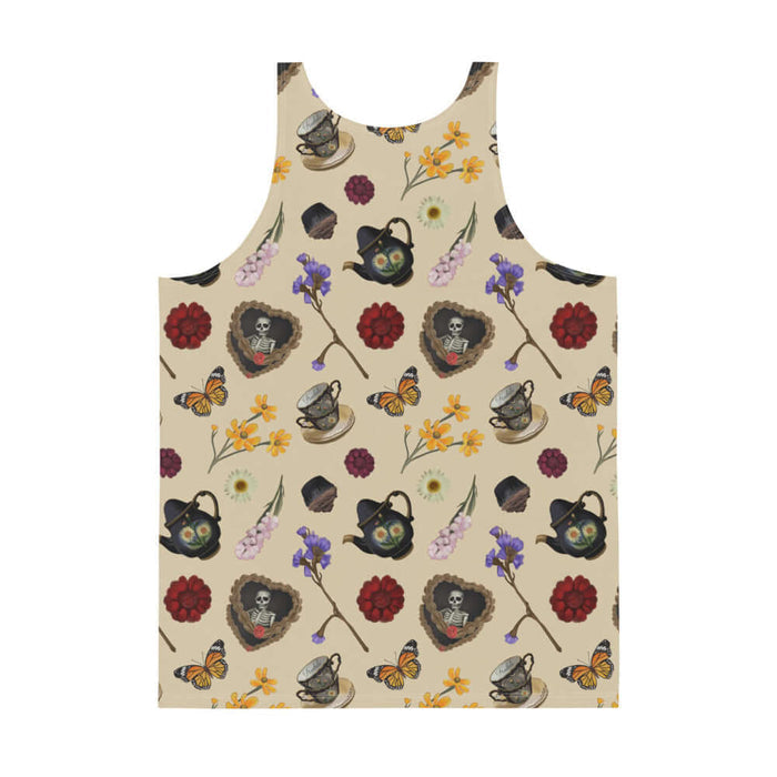 Gothic Tea Time men's tank top in black with pink snapdragons and golden cosmos, pastel goth fashion