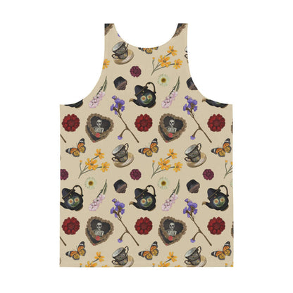 Gothic Tea Time men's tank top in black with pink snapdragons and golden cosmos, pastel goth fashion