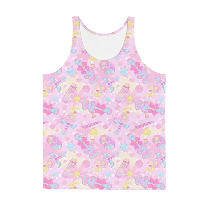 Indica Magica kawaii men's tank top in pink with candy-striped joints and crescent moons