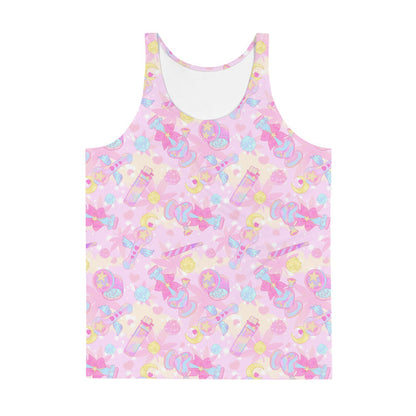 Indica Magica kawaii men's tank top in pink with candy-striped joints and crescent moons