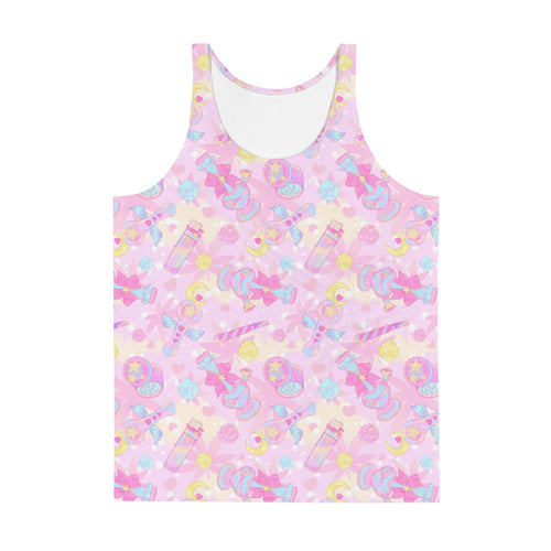 Indica Magica kawaii men's tank top in pink with candy-striped joints and crescent moons