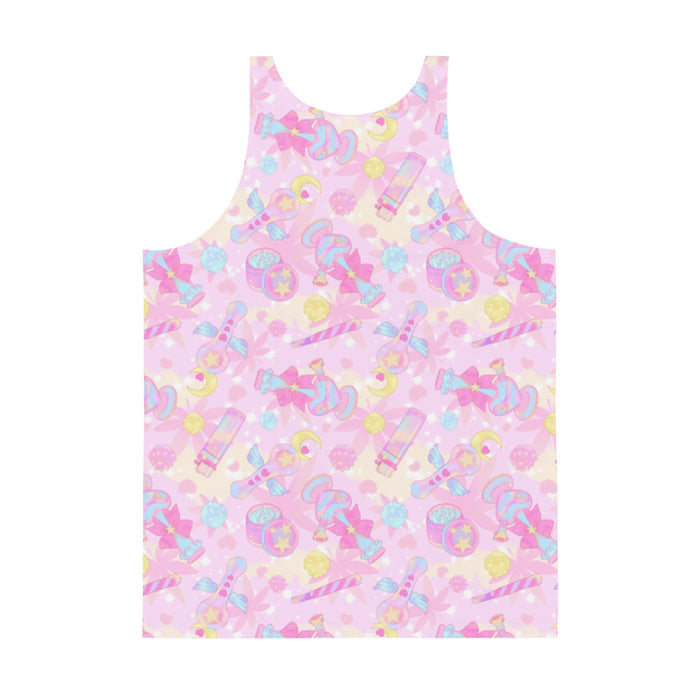 Indica Magica kawaii men's tank top in pink with konpeito buds and hot-pink bows