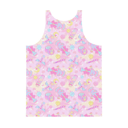 Indica Magica kawaii men's tank top in pink with konpeito buds and hot-pink bows
