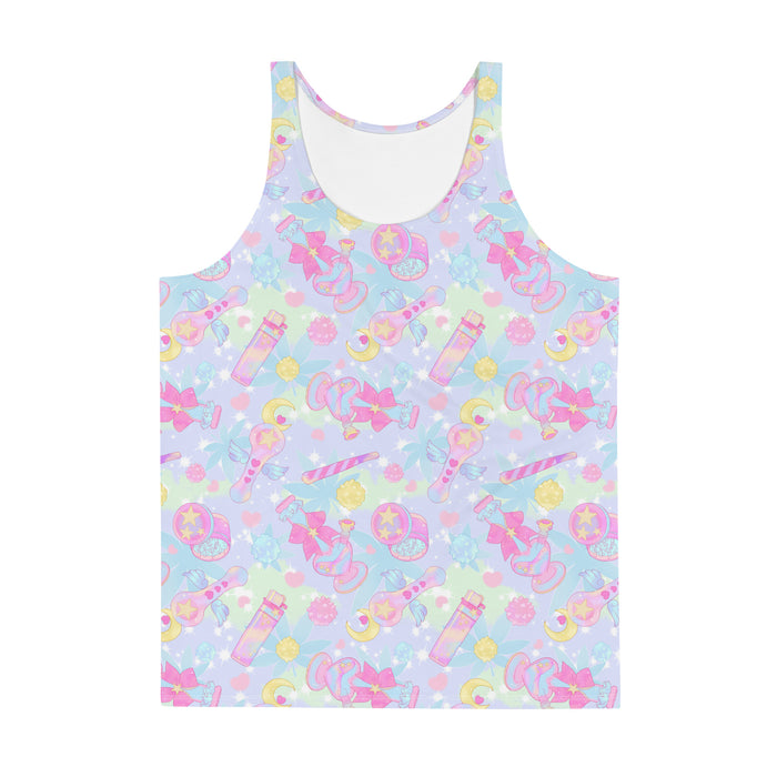 Indica Magica kawaii men's tank top in pastel with holographic bongs and cannabis leaves