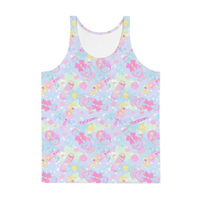 Indica Magica kawaii men's tank top in pastel with holographic bongs and cannabis leaves