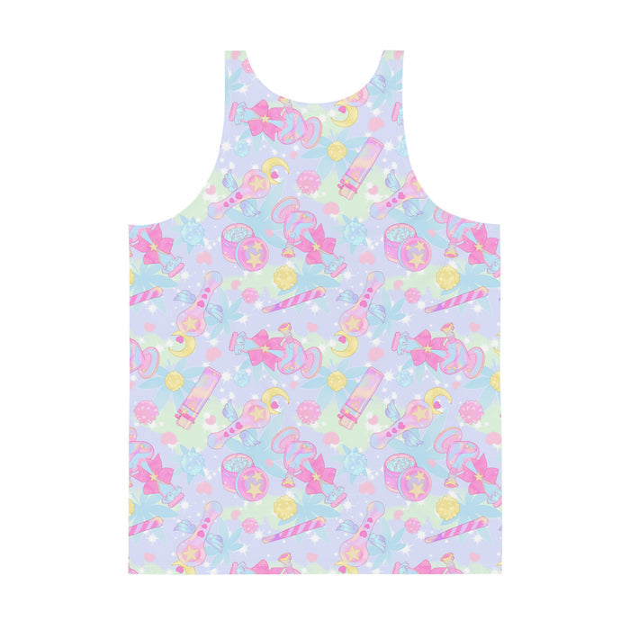 Indica Magica kawaii men's tank top in pastel with star-and-moon grinders and gold stars