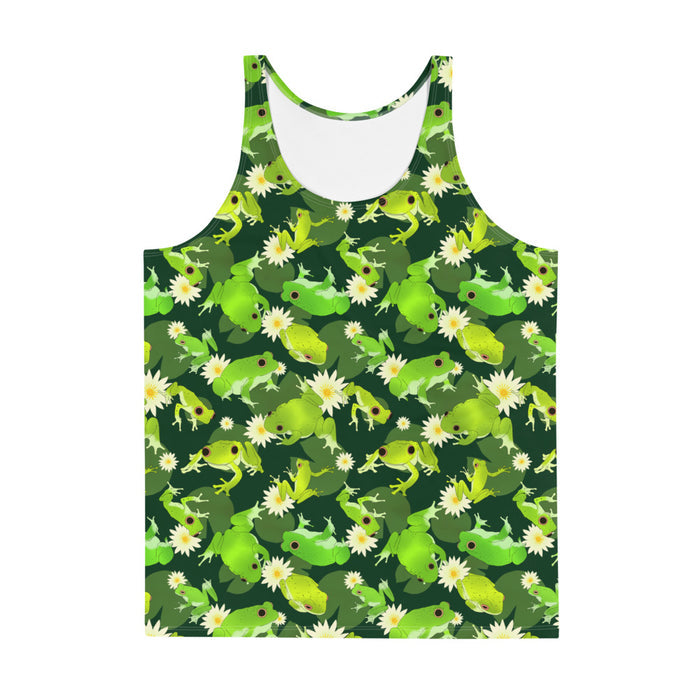Kero-kero kawaii men's tank top in green with hopping green frogs and sunlit water lilies