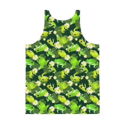 Kero-kero kawaii men's tank top in green with long-legged frogs and lily pads