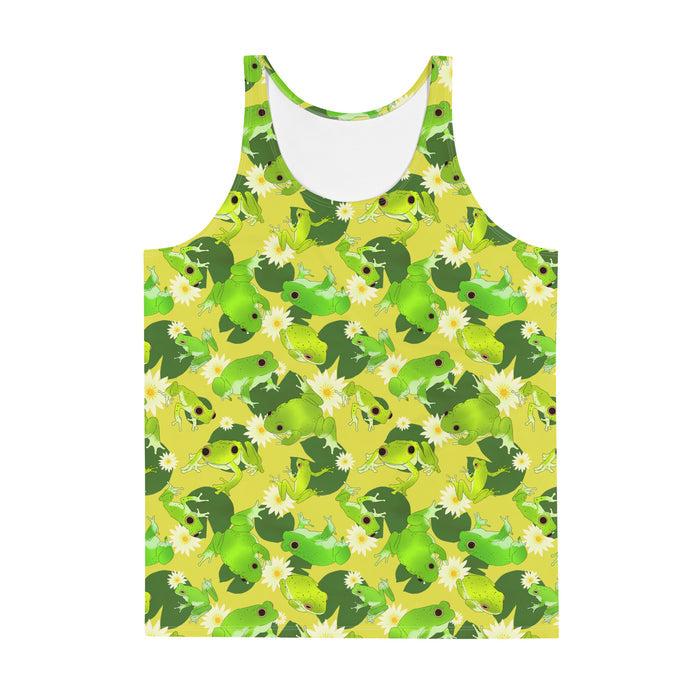 Kero-kero kawaii men's tank top in yellow with plump green frogs and golden lily centers