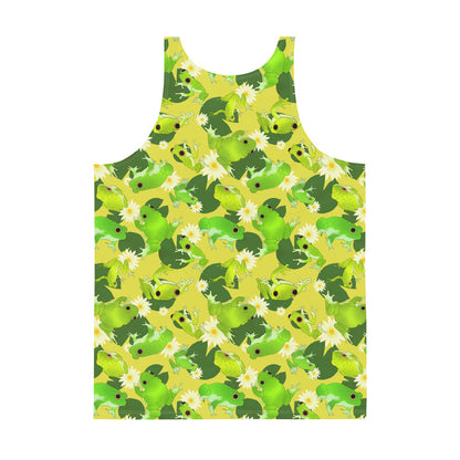 Kero-kero kawaii men's tank top in green with bright green frogs and creamy lotus flowers