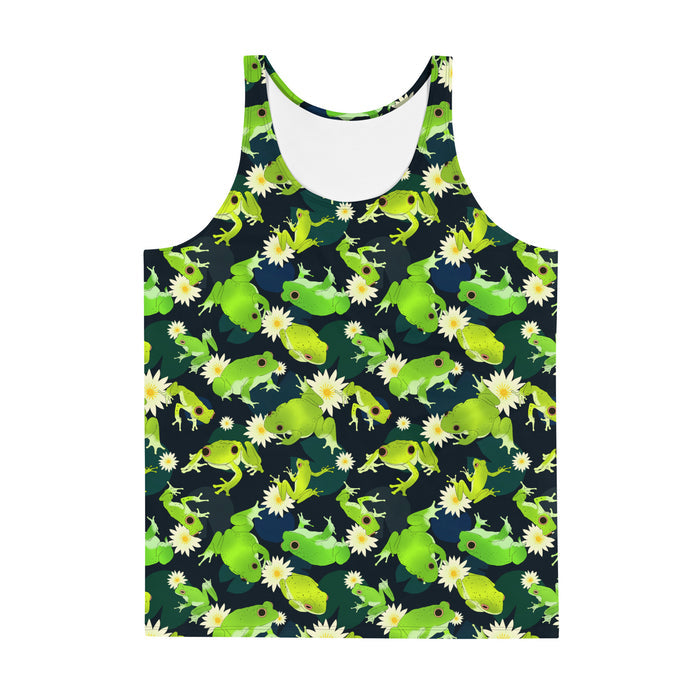 Kero-kero kawaii men's tank top in green with frogs mid-jump and pale water lilies