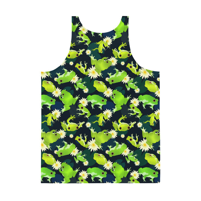 Kero-kero kawaii men's tank top in green with green tree frogs and white water lilies