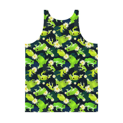 Kero-kero kawaii men's tank top in green with green tree frogs and white water lilies