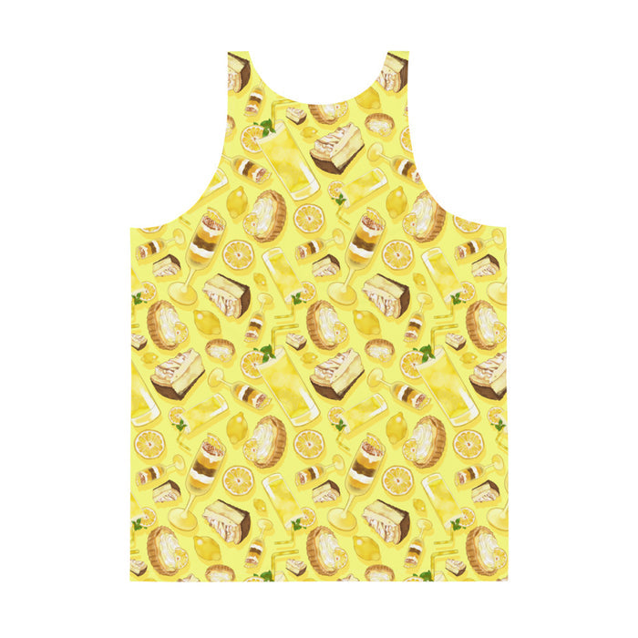 Lemon kawaii men's tank top in yellow with torched meringue peaks and layered parfaits