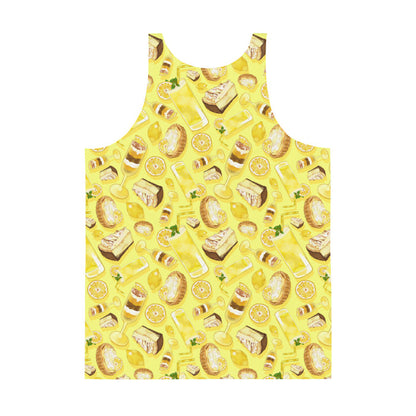 Lemon kawaii men's tank top in yellow with torched meringue peaks and layered parfaits
